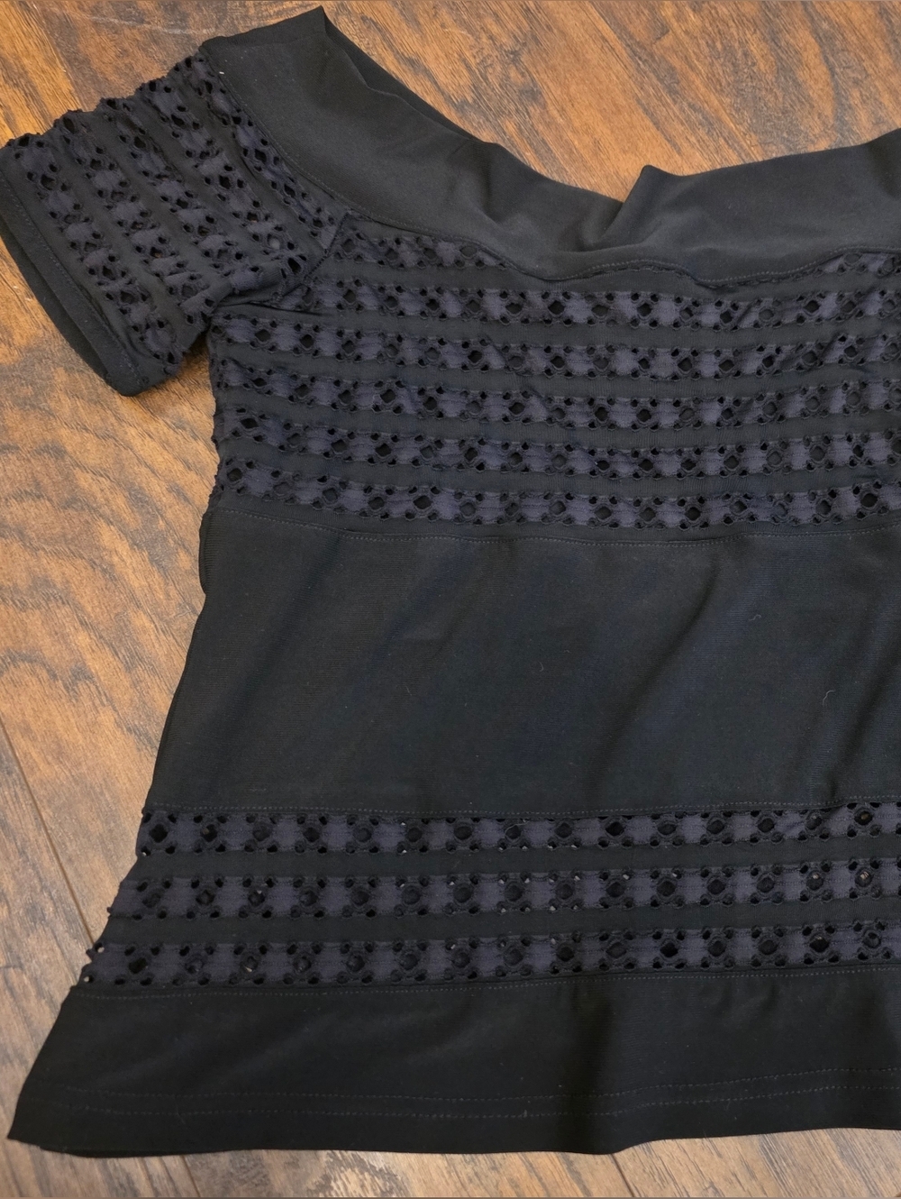Black Short Sleeve Lace-Insert Women's Blouse